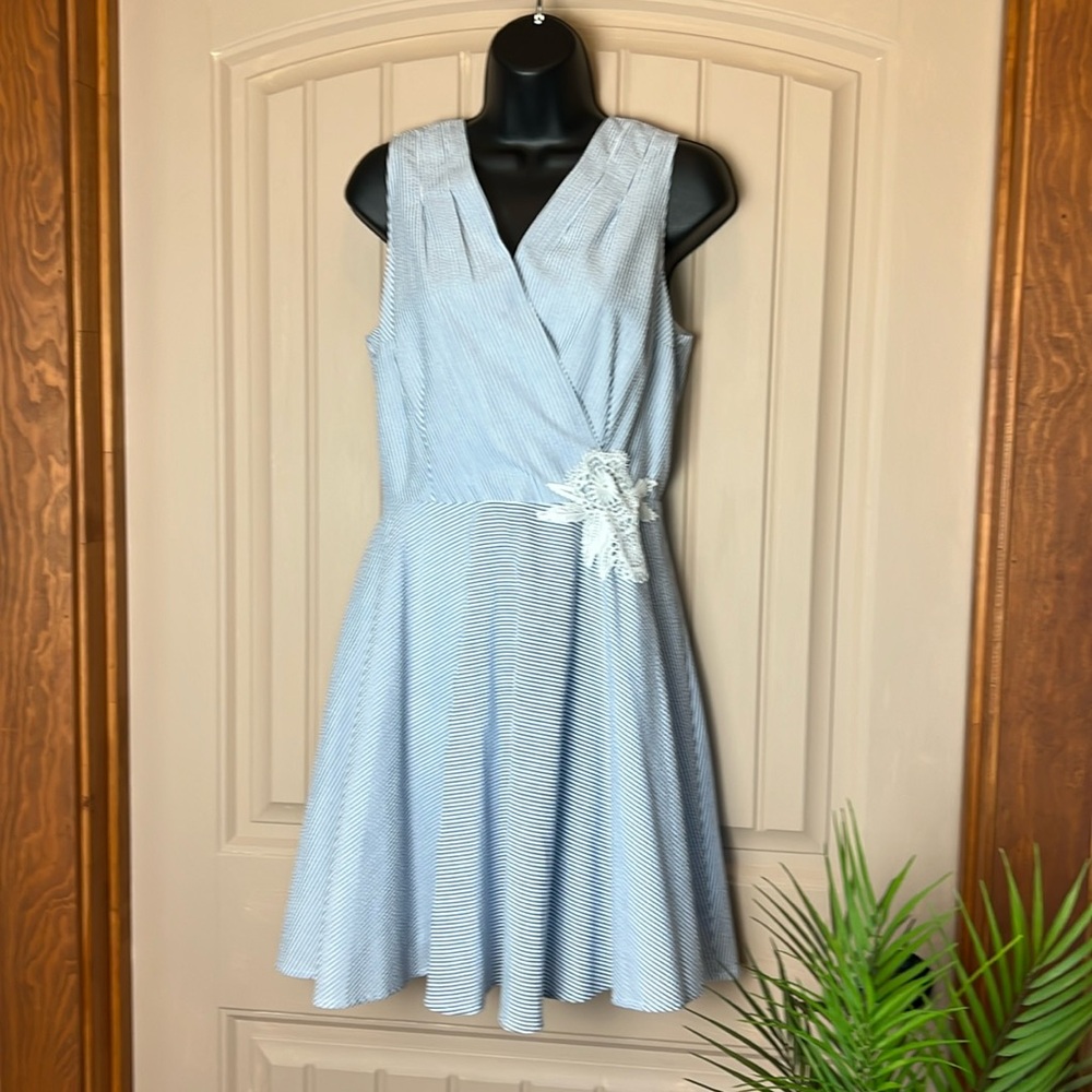 Maison Jules Light Blue and White Striped Sleeveless Wrap Dress